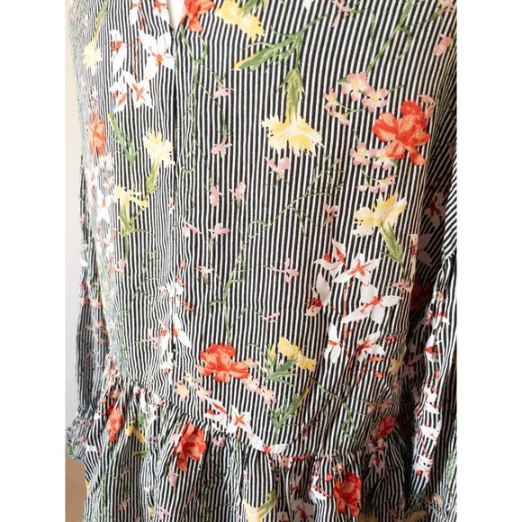 Pleione Floral Striped Long-Sleeve Peplum Blouse With Keyhole Back Detail SZ M - Picture 11 of 11